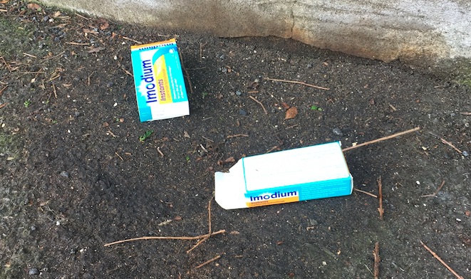 east london funny garden blog, two empty boxes of Imodium in the street.