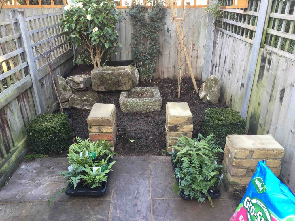 east london funny garden blog, picture of the troughs in place and the ferns ready to go in.